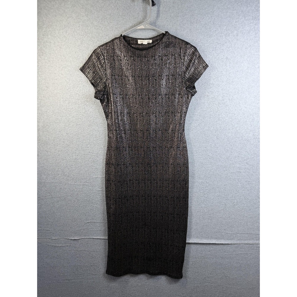 Stella Luce Dress Womens Large Black Glitter Stripe Bodycon Short Sleeve Party